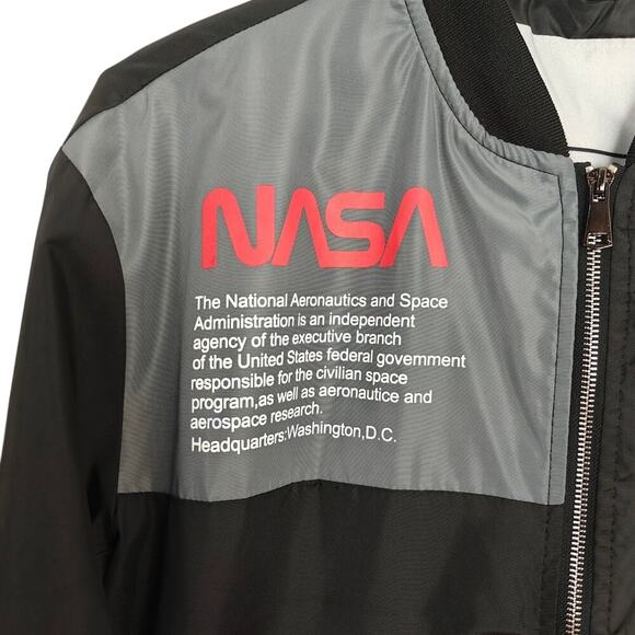 NASA Bomber Jacket Mens Large Black Windbreaker Full Zip USA Patch Halloween - Picture 2 of 11